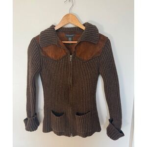 Cute Banana Republic COTTAGE CORE Brown Wool and Suede Cardigan Women Medium